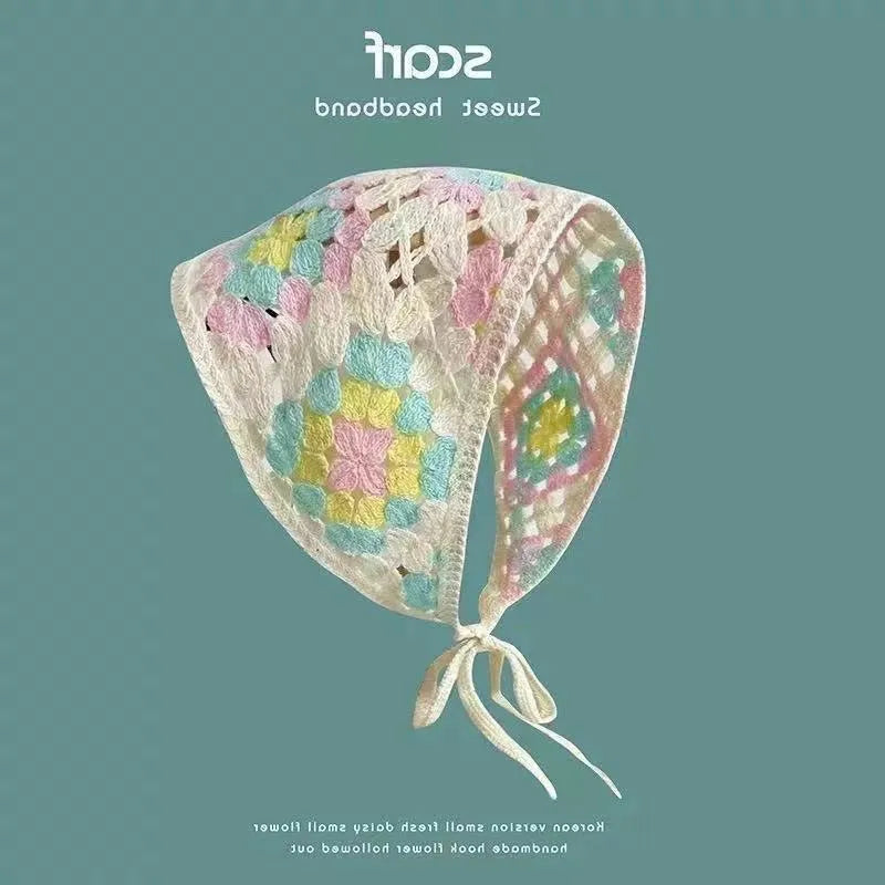 Women's cotton triangular headscarf with floral pattern, shown in beige blue little daisy design.
