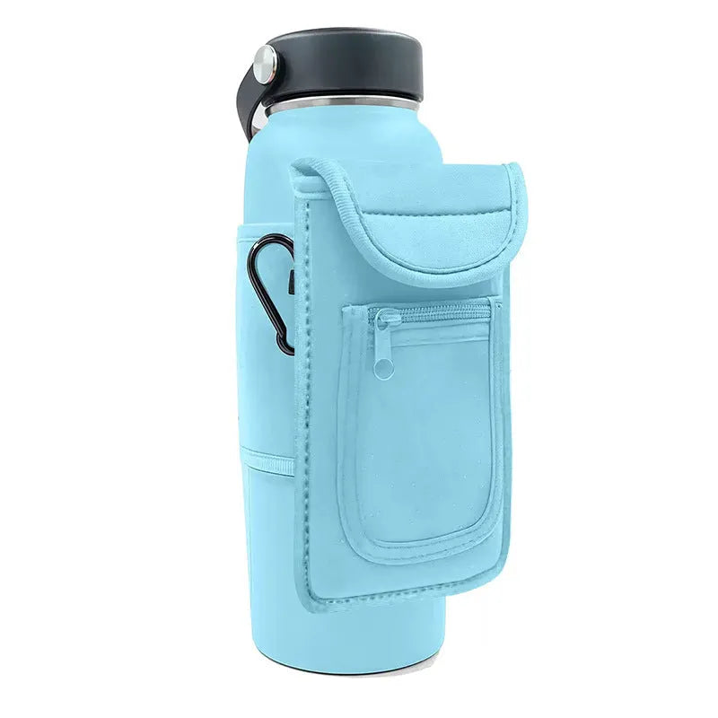 Fabric magnetic cup sleeve for water bottles in various colours including black, grey, pink, and blue