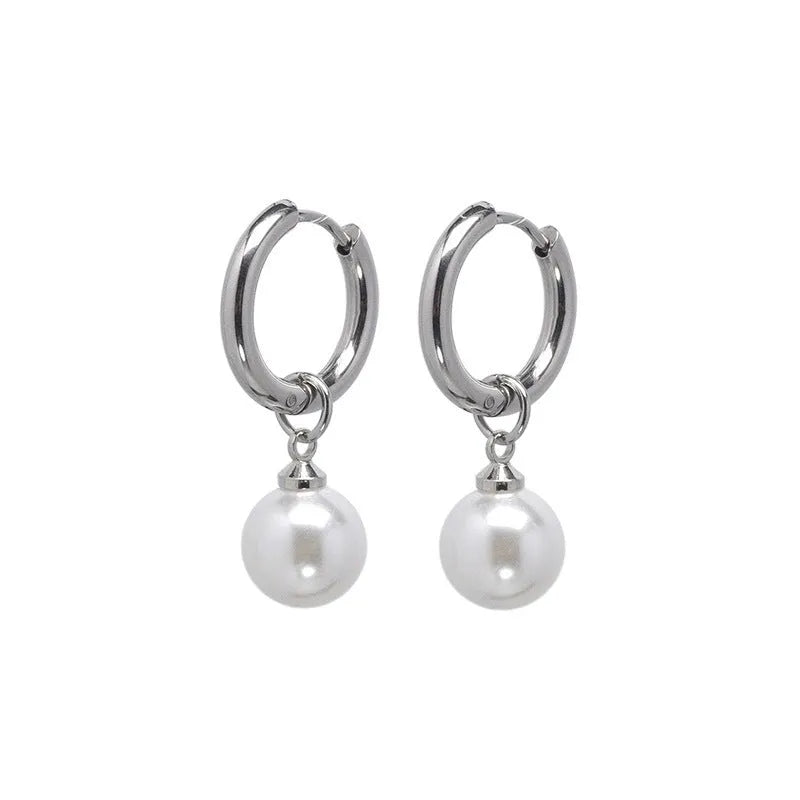 Geometric alloy drop earrings for women with round titanium steel pearl accents.