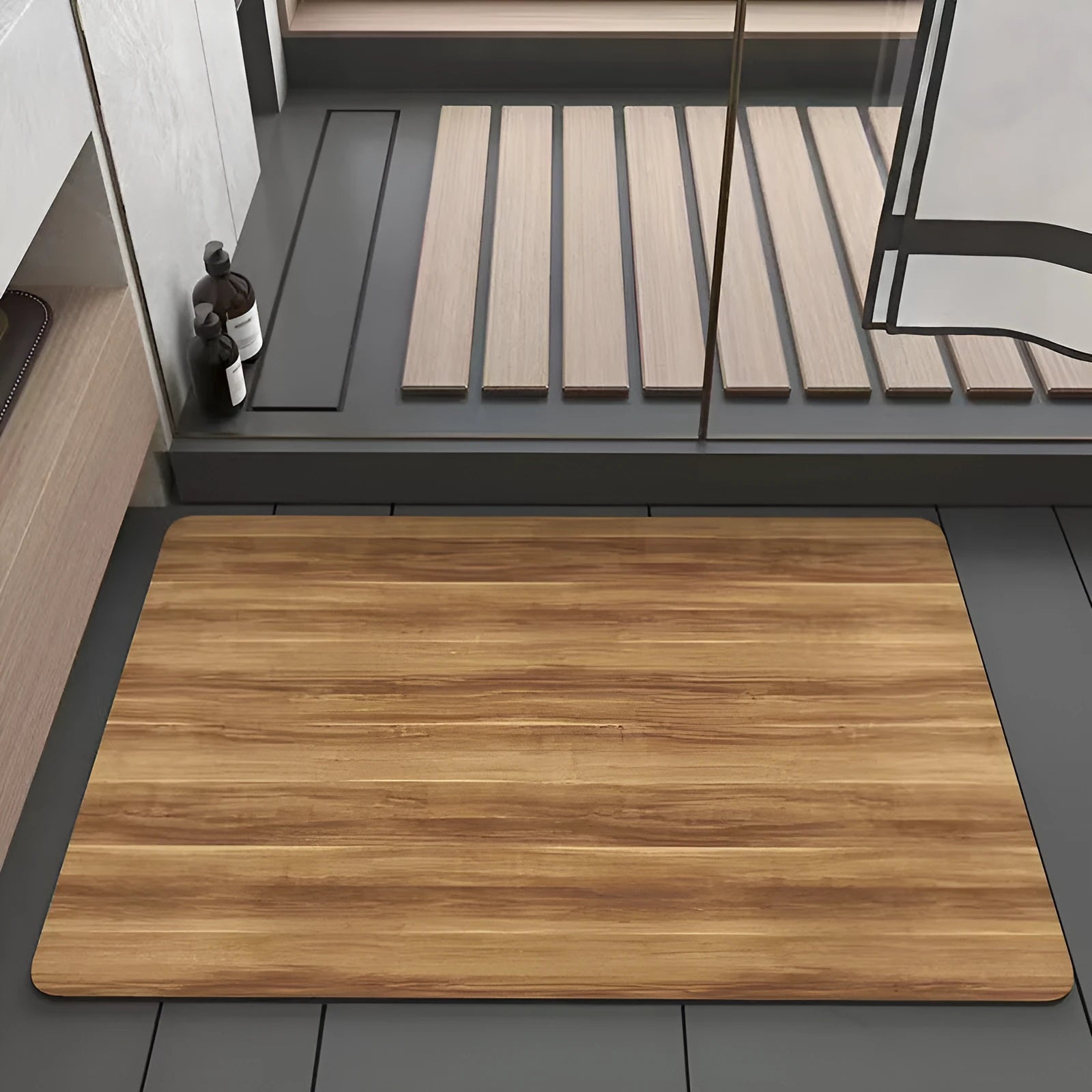 Square diatom ooze floor mat with geometric wood grain pattern in a bathroom setting.