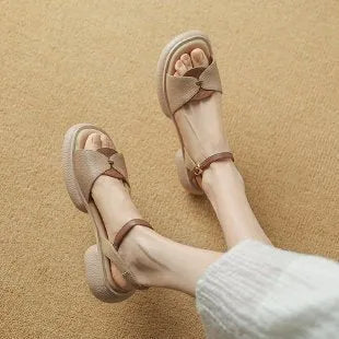 Women's chunky heel platform sandals with open toe in renewable leather