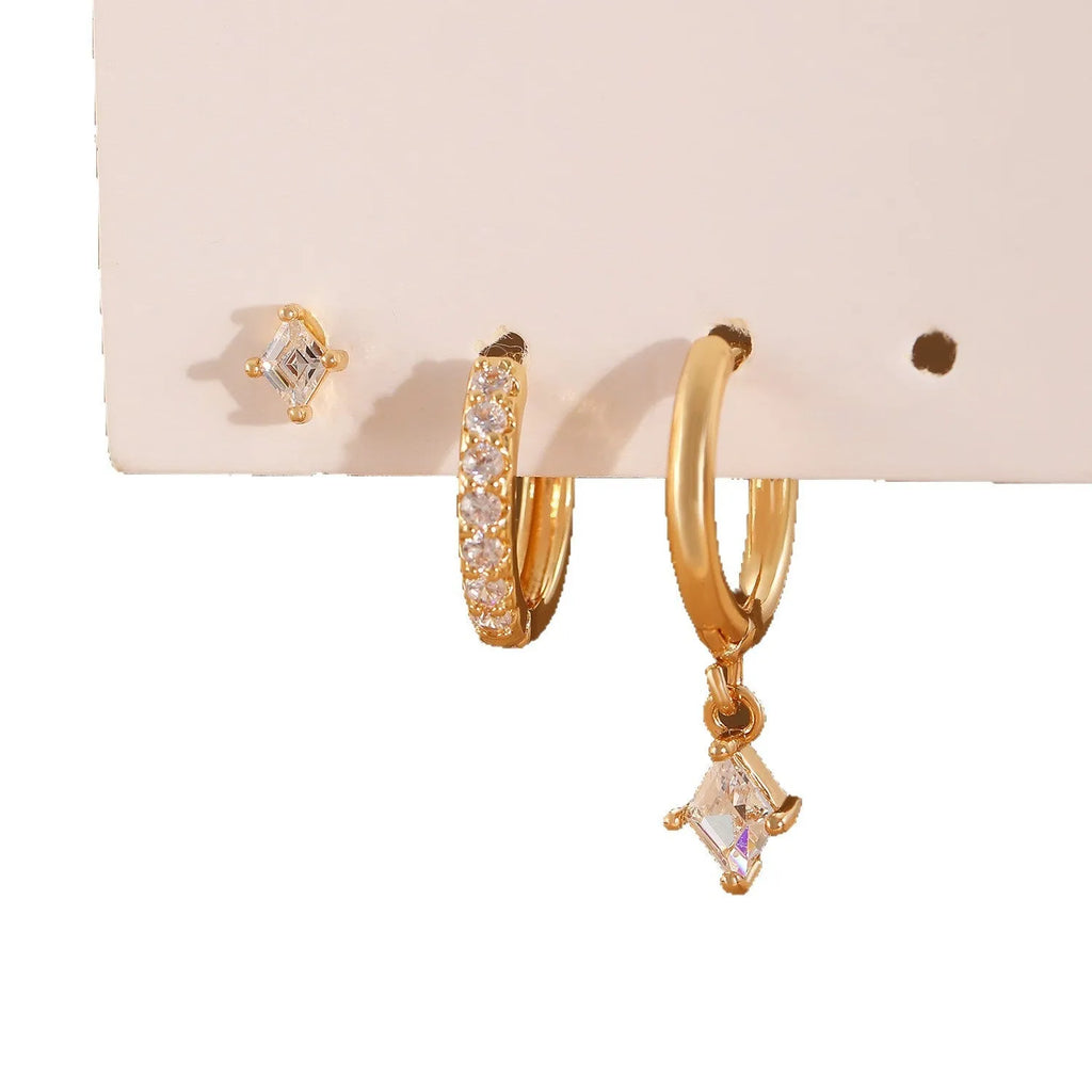 Geometric zircon earring three-piece set with rhombus designs in gold and white copper