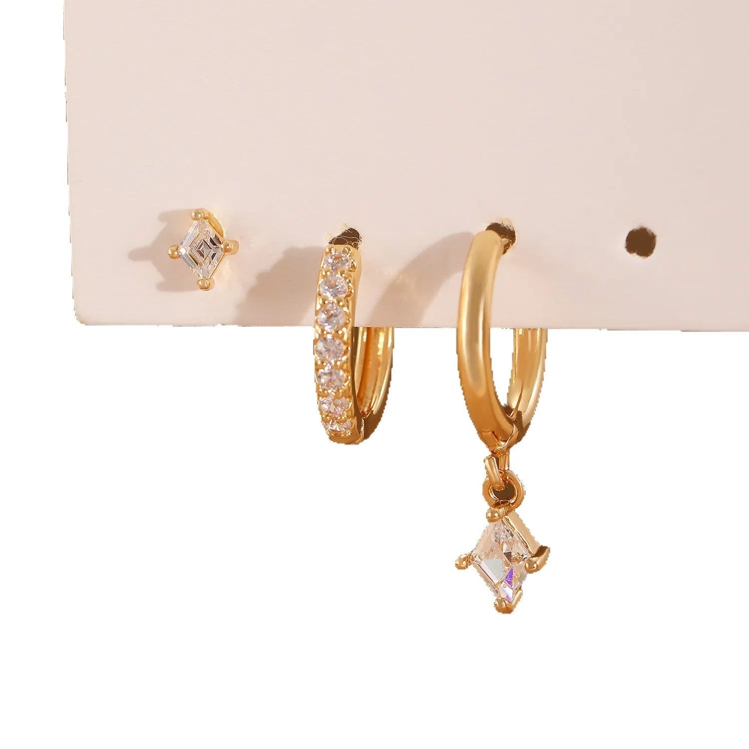 Geometric zircon earring three-piece set with rhombus designs in gold and white copper