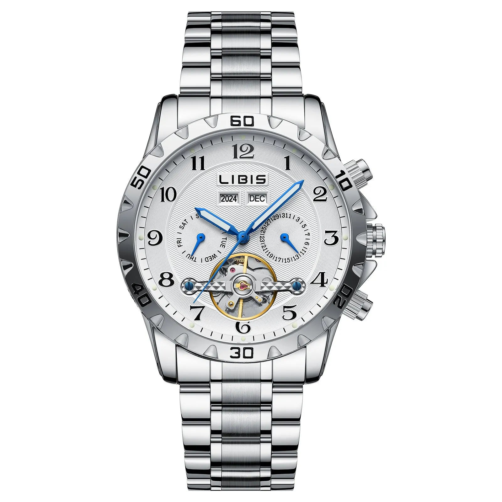 Men's silver automatic perpetual calendar mechanical watch with stainless steel belt and sapphire crystal