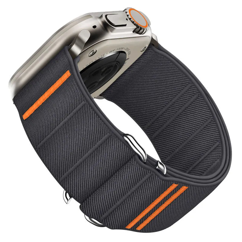 Elastic nylon Apple Watch band with stainless steel buckle shown in multiple colour options