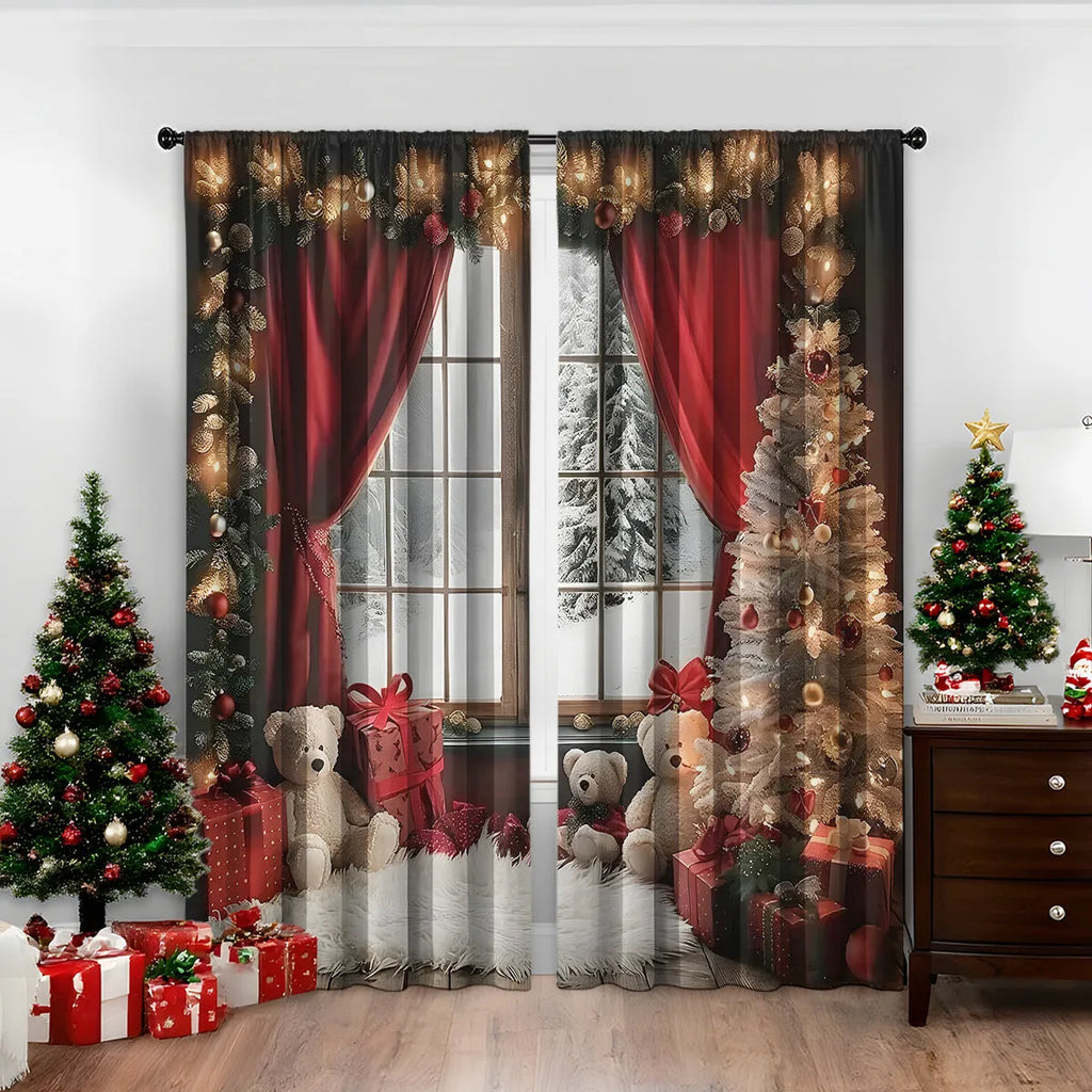 Pair of red and green 3D digitally printed Christmas themed polyester curtains hanging on a window.