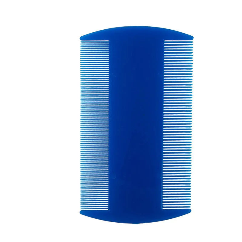 Double-sided fine tooth plastic comb for lice and fleas in various colours on a white background.
