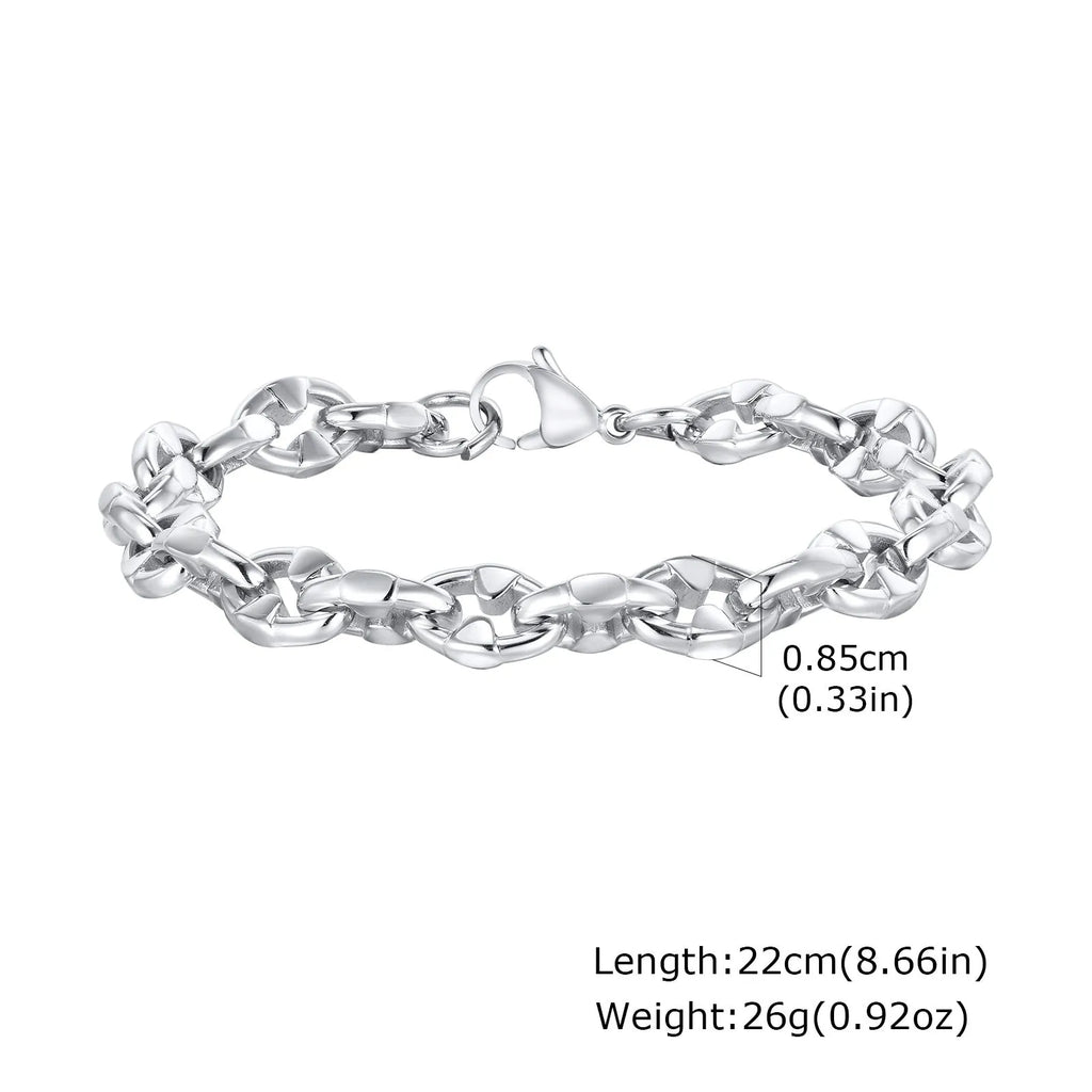 A thick, geometric chain link bracelet made of stainless steel, shown in a steel colour.