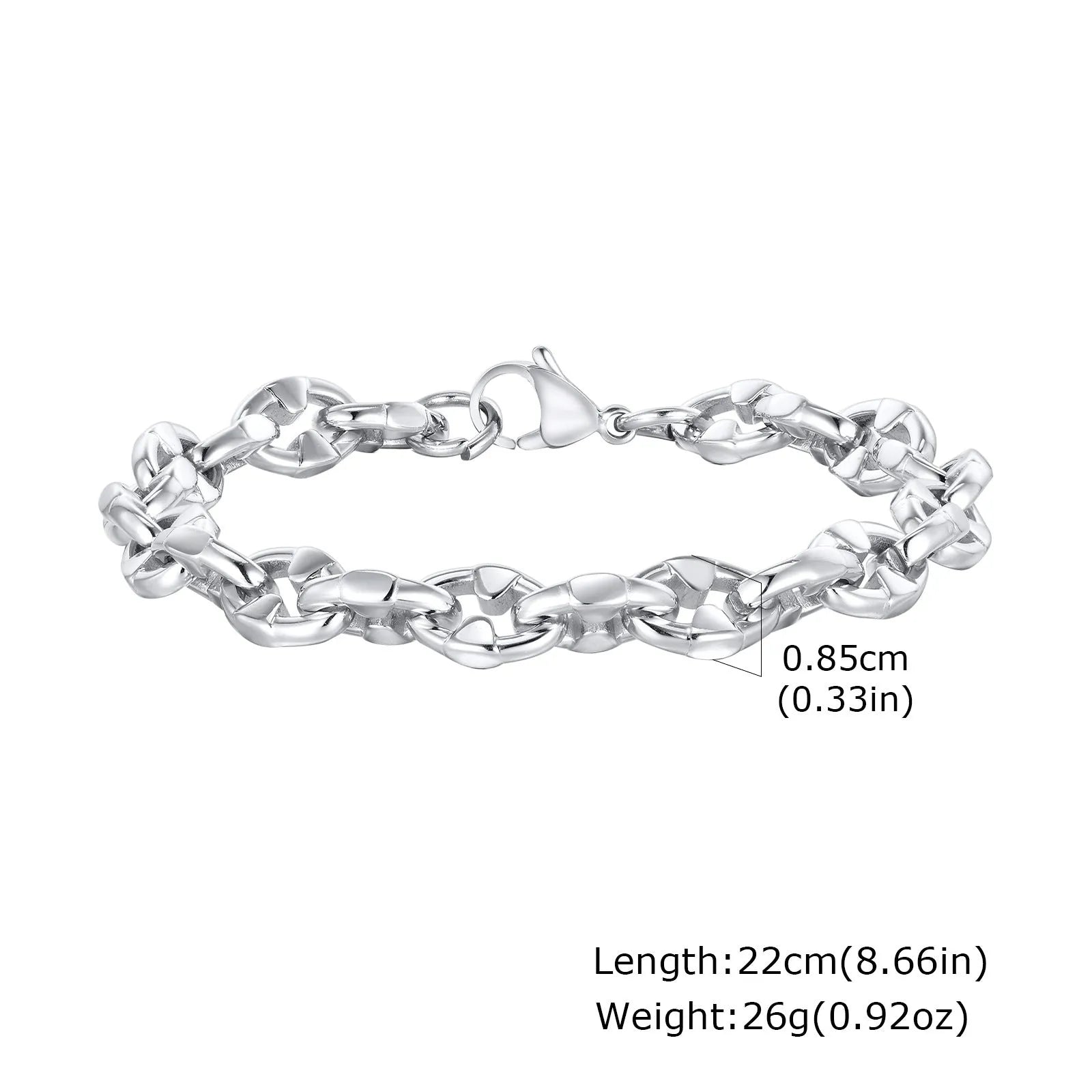 A thick, geometric chain link bracelet made of stainless steel, shown in a steel colour.