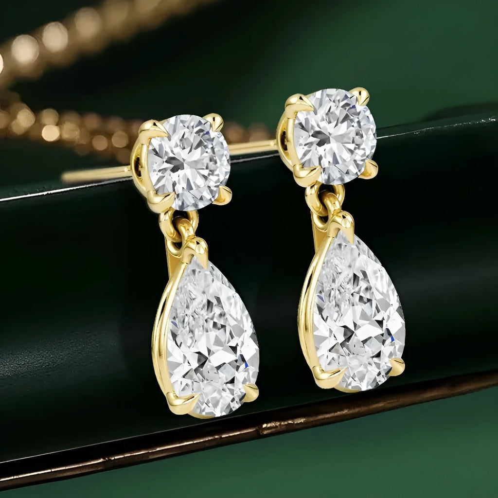 Sterling silver moissanite stud earrings with round and water drop stones in gold or silver plating