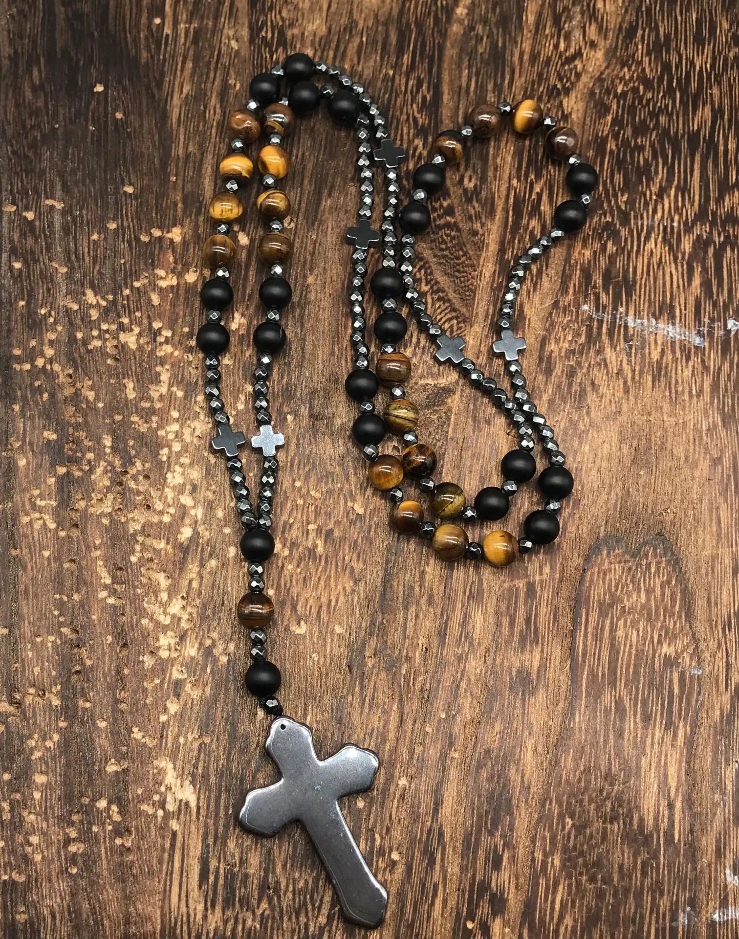 Men's stone geometric cross pendant on an 80cm ball bead chain with safety lock.