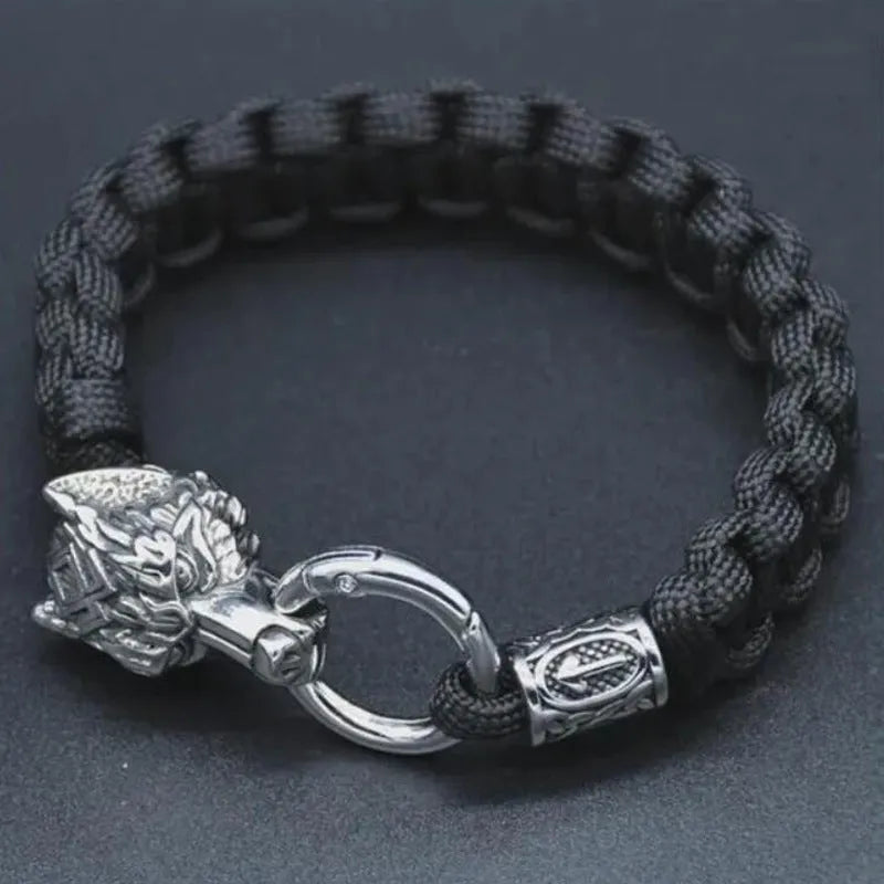 Stainless steel wolf head bracelet with Chinese character luen pendant in camouflage colour