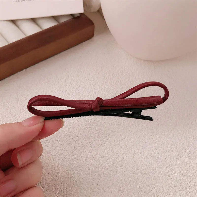 Wine red leather bow barrettes hair clips for women, single and pair options