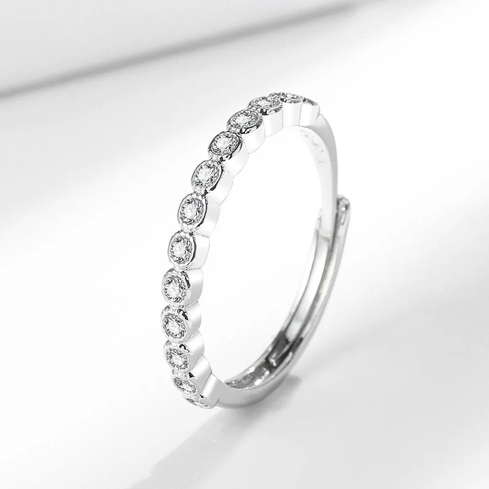 Simple geometric Korean style adjustable open mouth ring with diamond tail detail in white gold or yellow gold colour