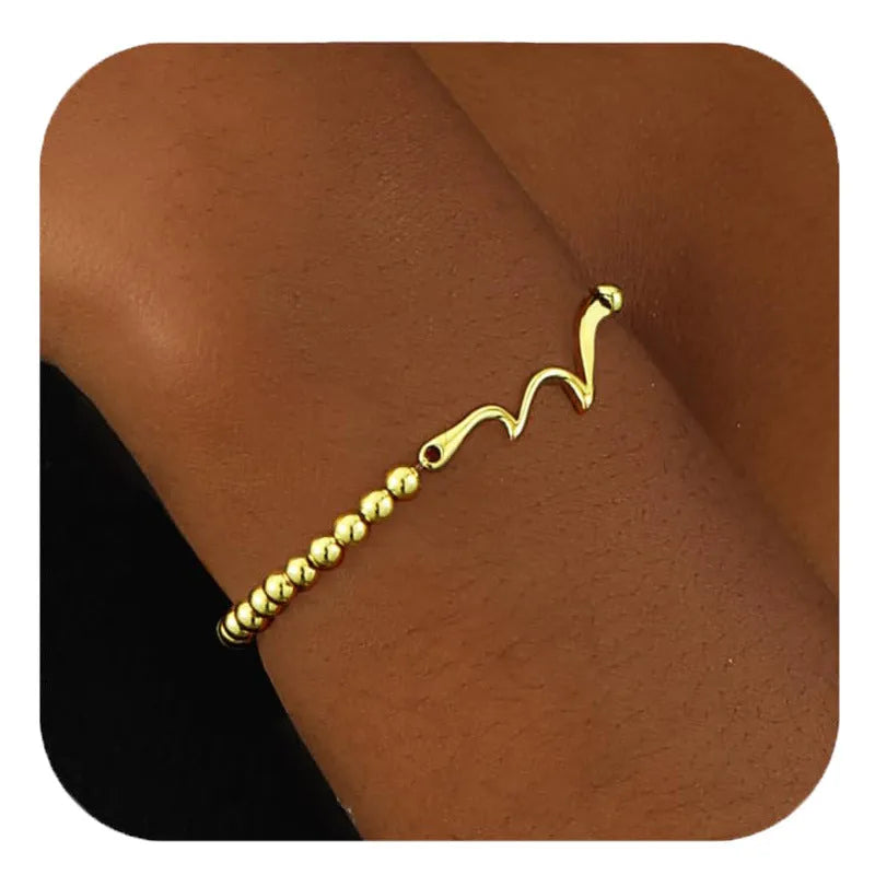 Women's adjustable stainless steel beaded bracelet with geometric round charm in six colour options