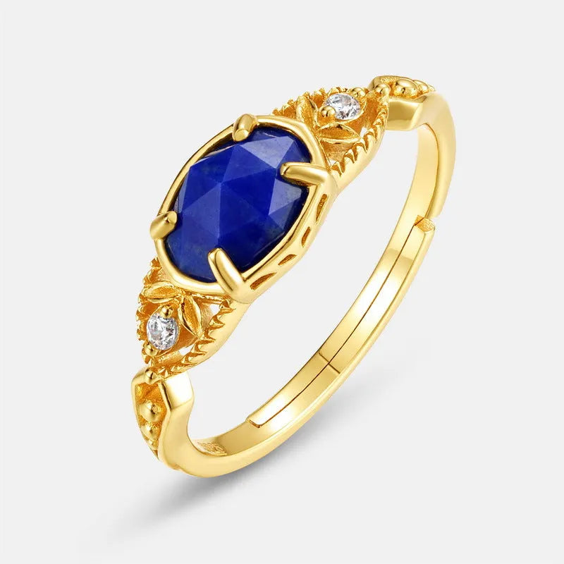 Silver geometric women's ring with oval blue lapis lazuli stone, Japanese style design