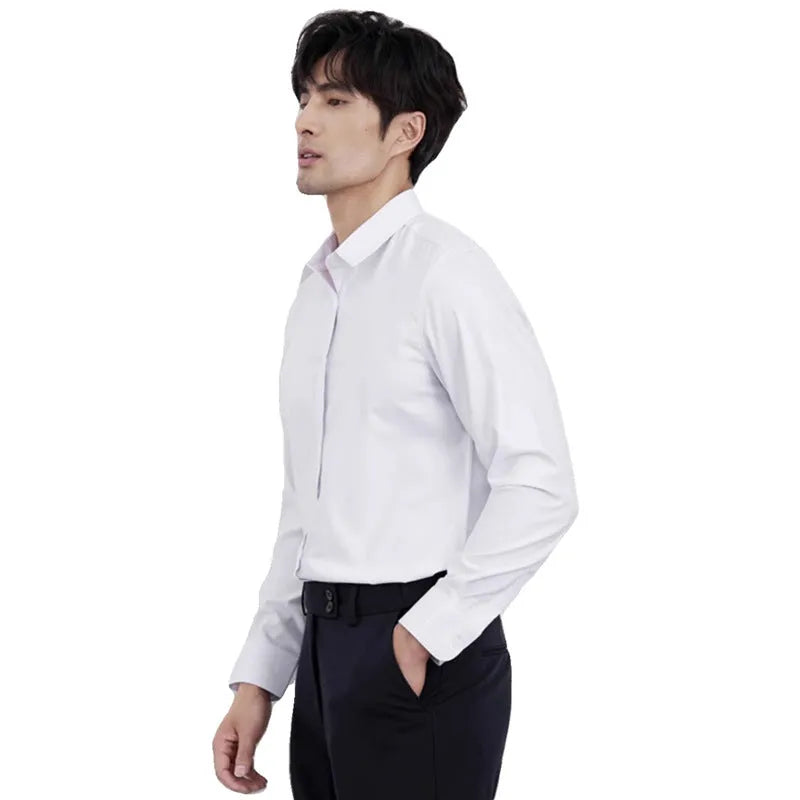 Men's wine red slim fit long sleeve casual shirt on a hanger