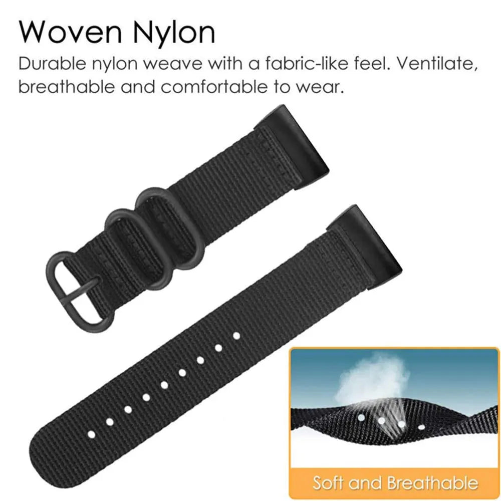 Nylon three-ring buckle replacement strap for Fitbit Charge 3 fitness tracker in multiple colours.