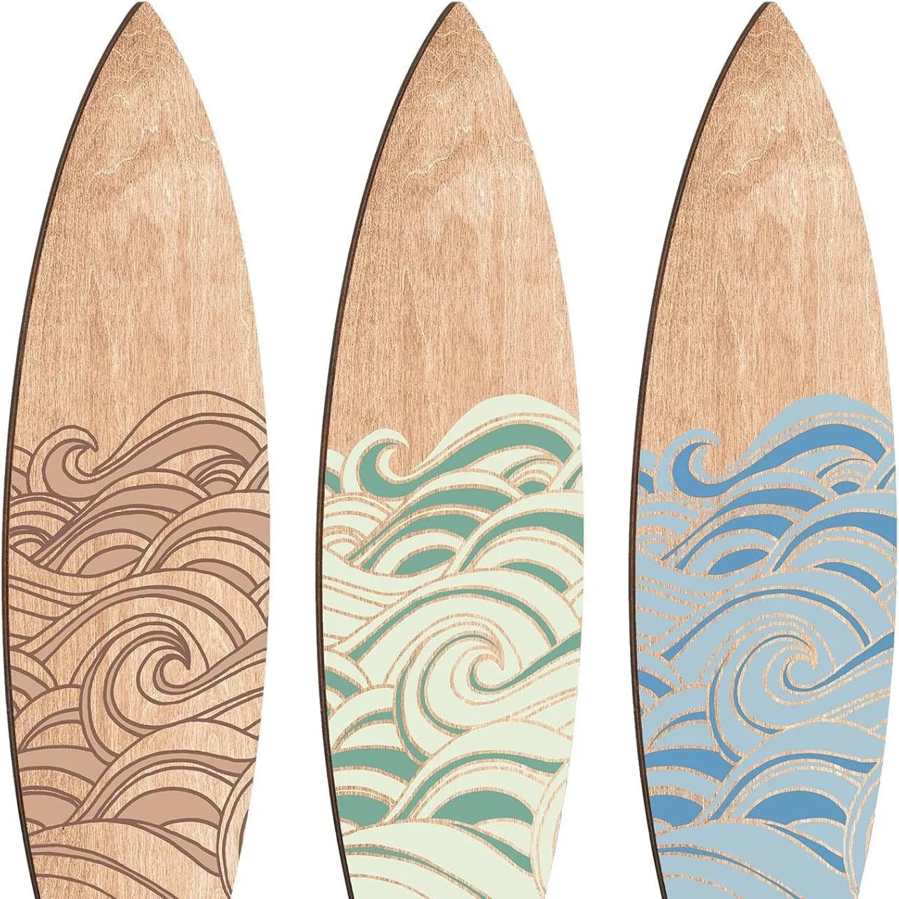 Three identical wooden surfboard-shaped wall decorations on a white background.
