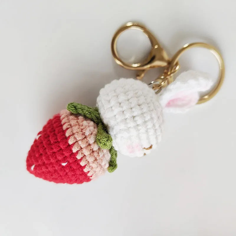 White hand-woven wire rabbit strawberry pendant charm with key ring