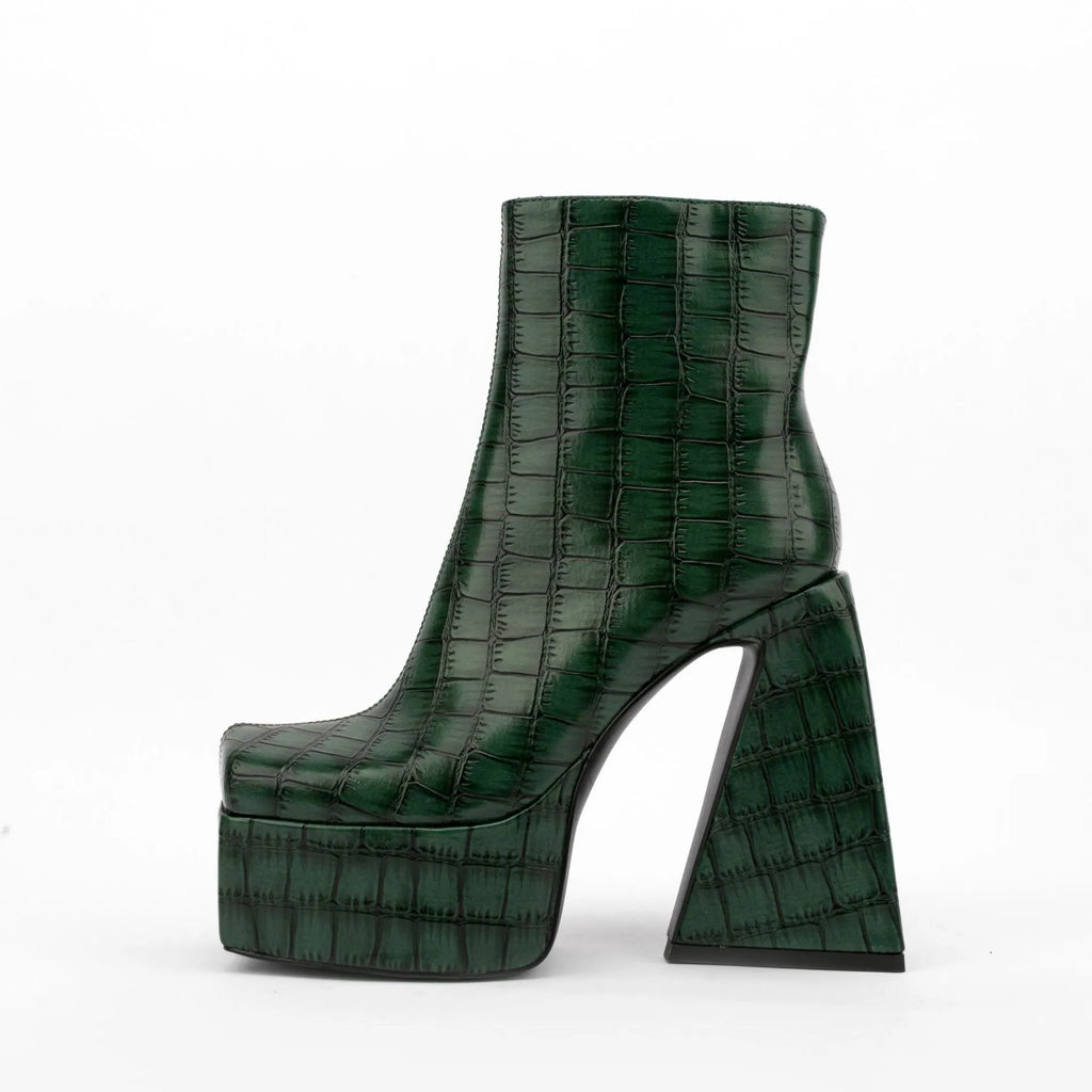 Women's ankle boot with high heel in solid colour options of red, green, black, beige, or brown