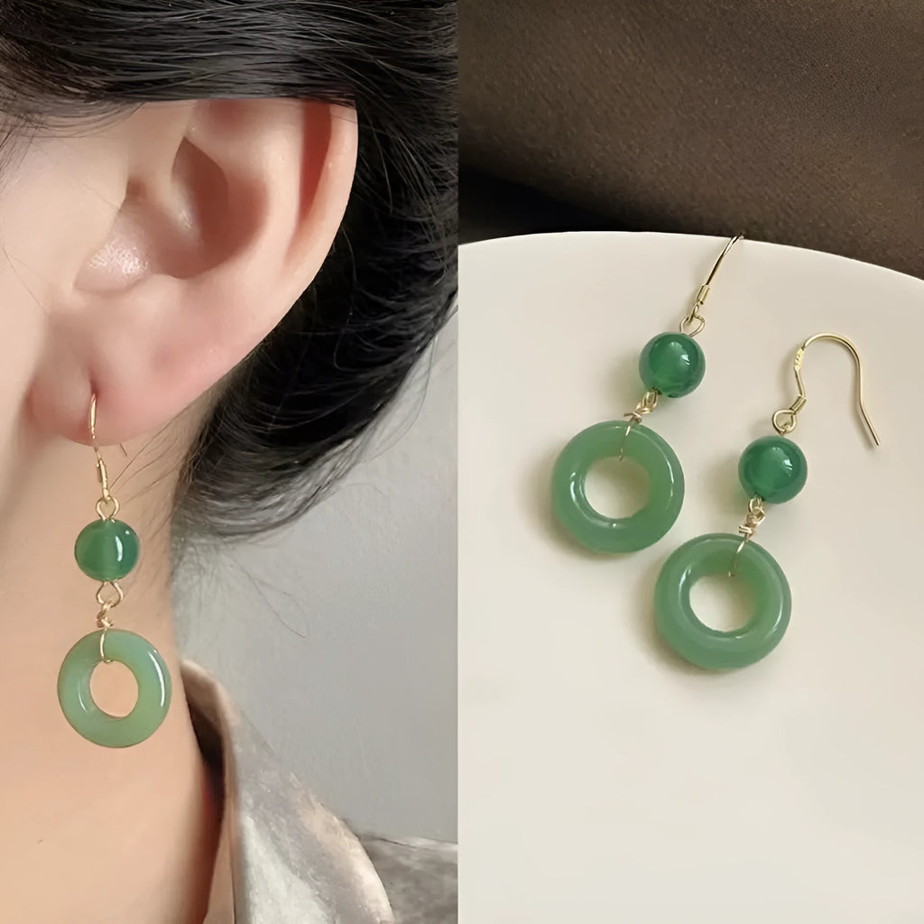 Green jade design peace buckle shape earrings for Han Chinese clothing with geometric shape and 14K gold plating