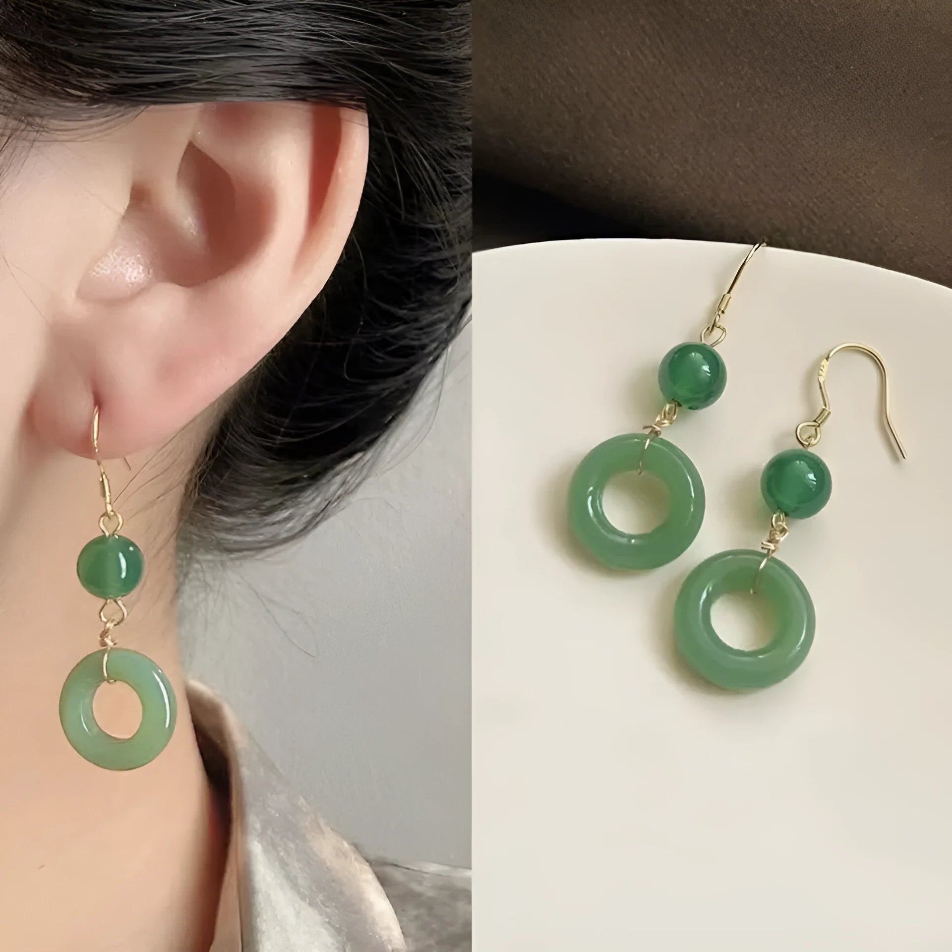 Green jade design peace buckle shape earrings for Han Chinese clothing with geometric shape and 14K gold plating