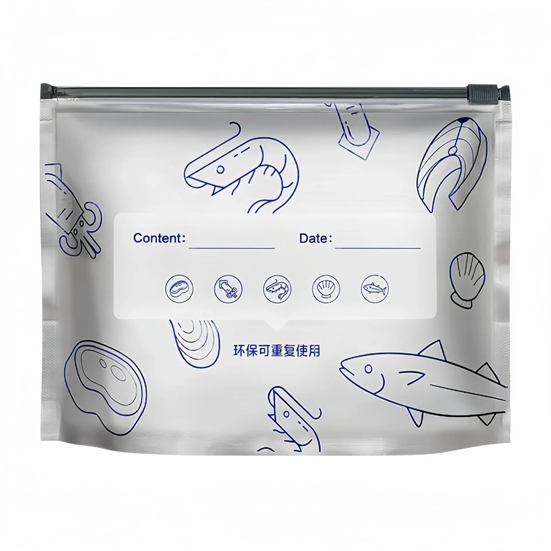 Set of aluminium foil sealed bags and boxes for food preservation in three different sizes.