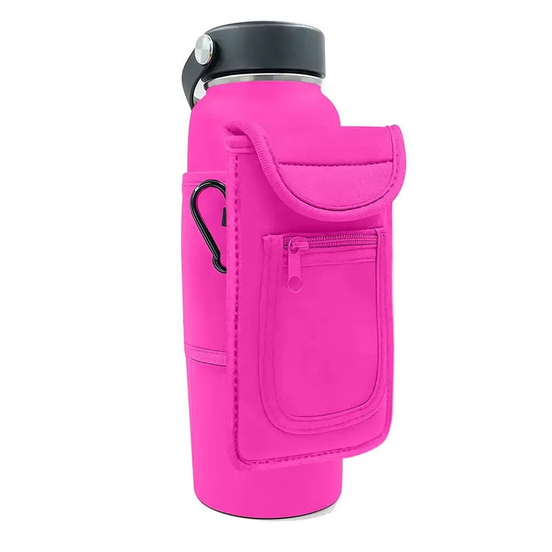 Fabric magnetic cup sleeve for water bottles in various colours including black, grey, pink, and blue
