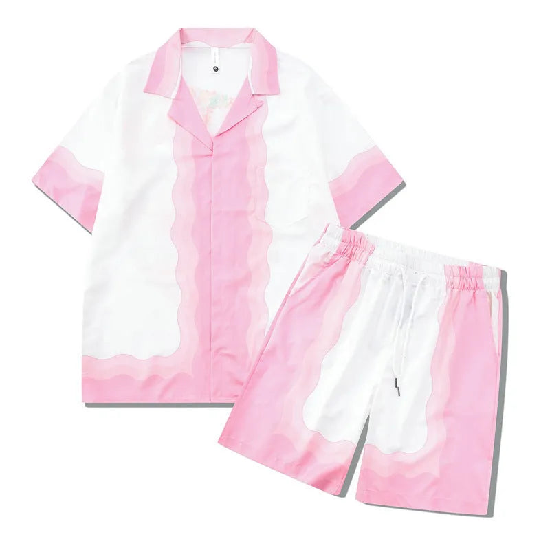 Printed plaid beach shirt and matching trousers set for casual wear.