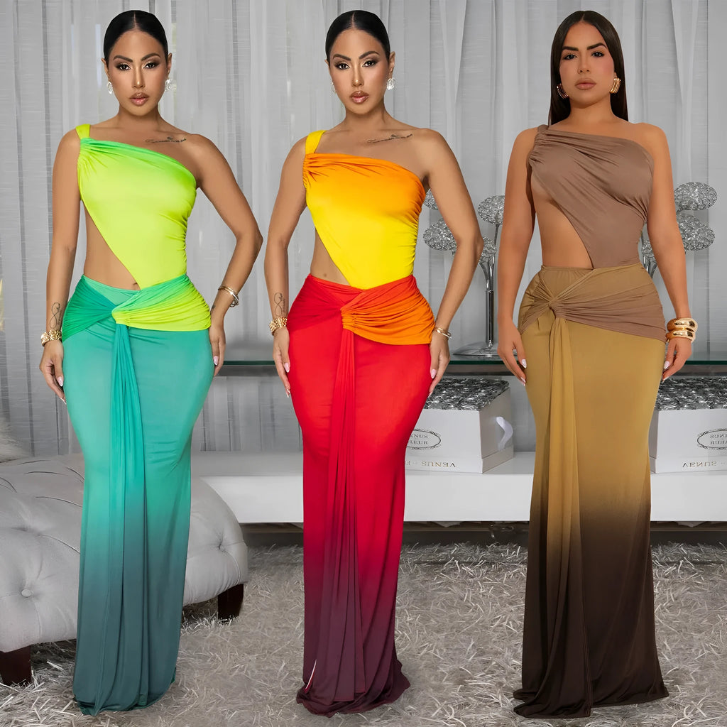 Women's gradient colour cross-shoulder sleeveless dress with a high waist and long one-step skirt.
