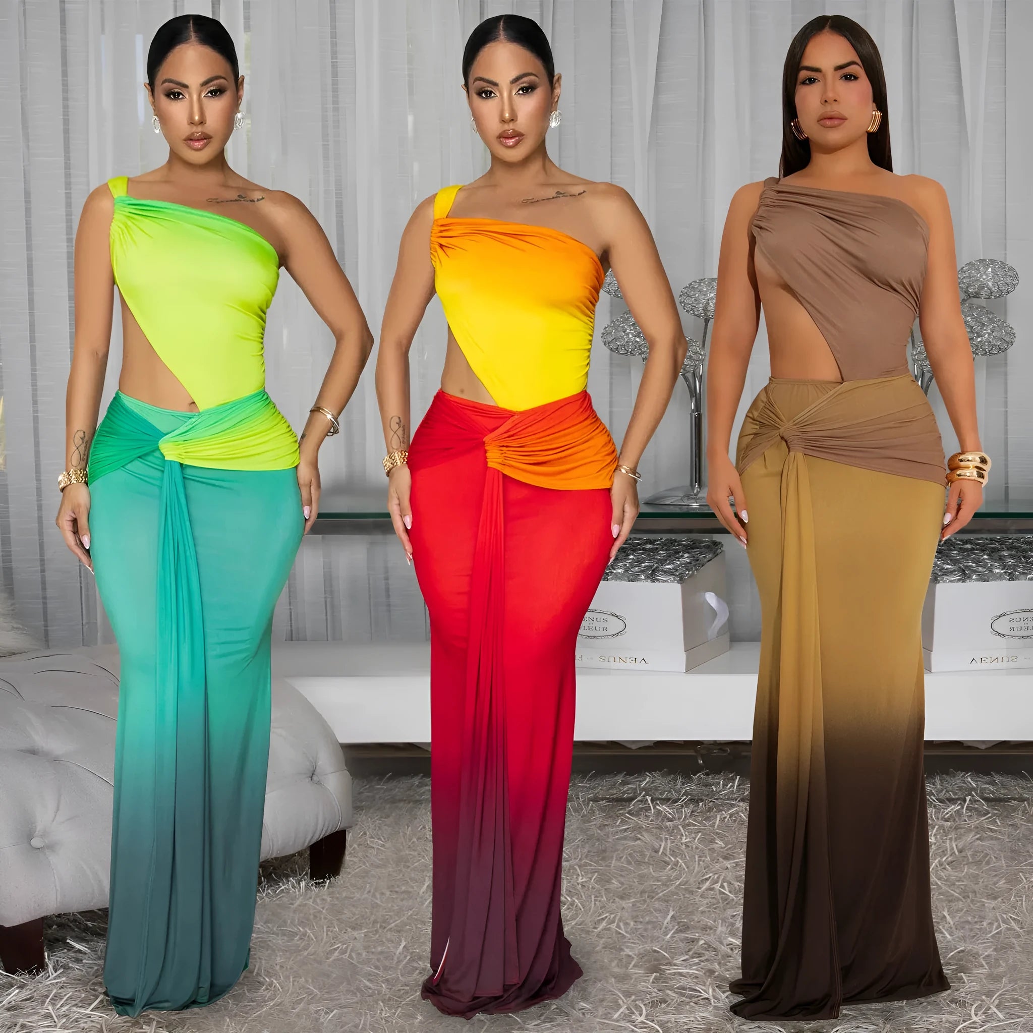 Women's gradient colour cross-shoulder sleeveless dress with a high waist and long one-step skirt.