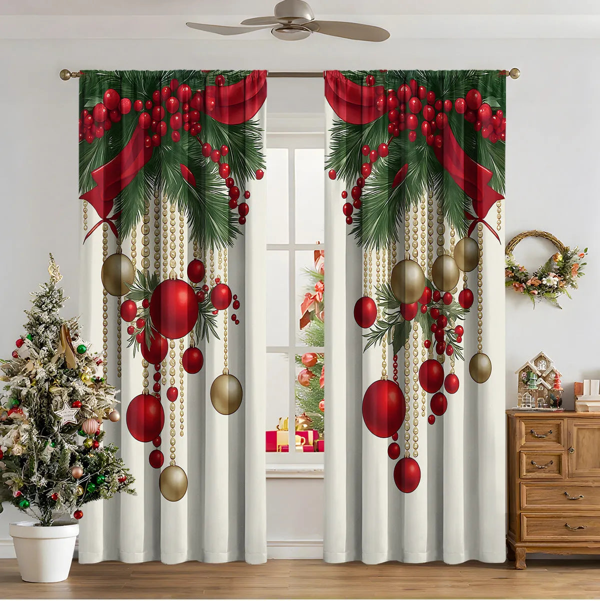 3D digitally printed Christmas curtain panel hanging on a window, showing festive pattern and polyester fabric texture.