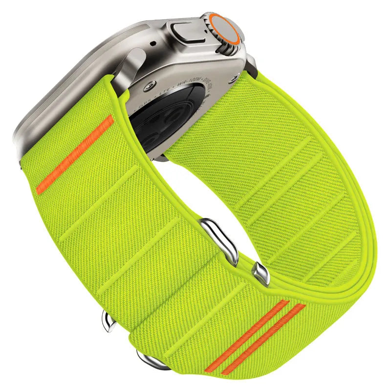 Elastic nylon Apple Watch band with stainless steel buckle shown in multiple colour options