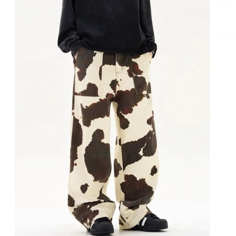 Men's straight-leg trousers with retro cows pattern in 7698 cow colour