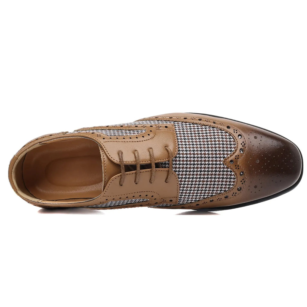 Men's houndstooth plaid casual shoes with square toe and lace-up design in black.