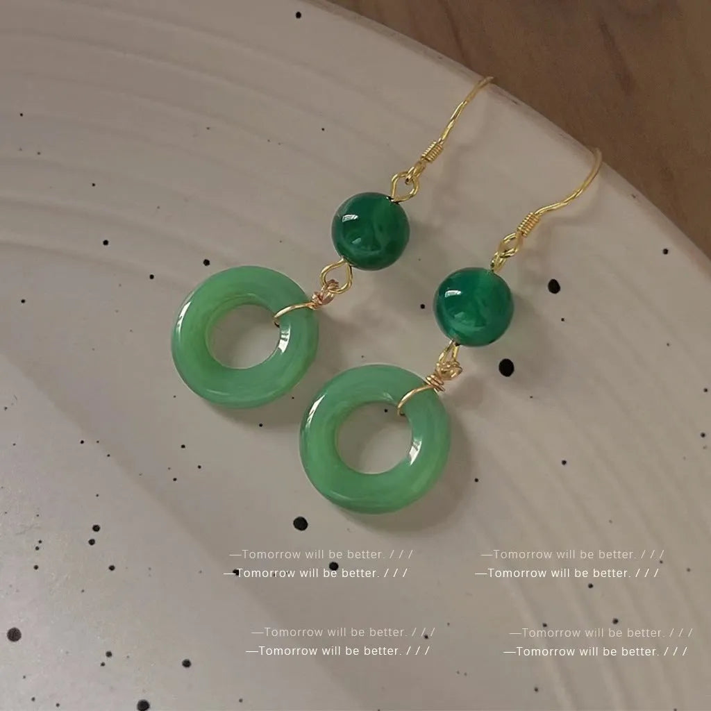 Green jade design peace buckle shape earrings for Han Chinese clothing with geometric shape and 14K gold plating