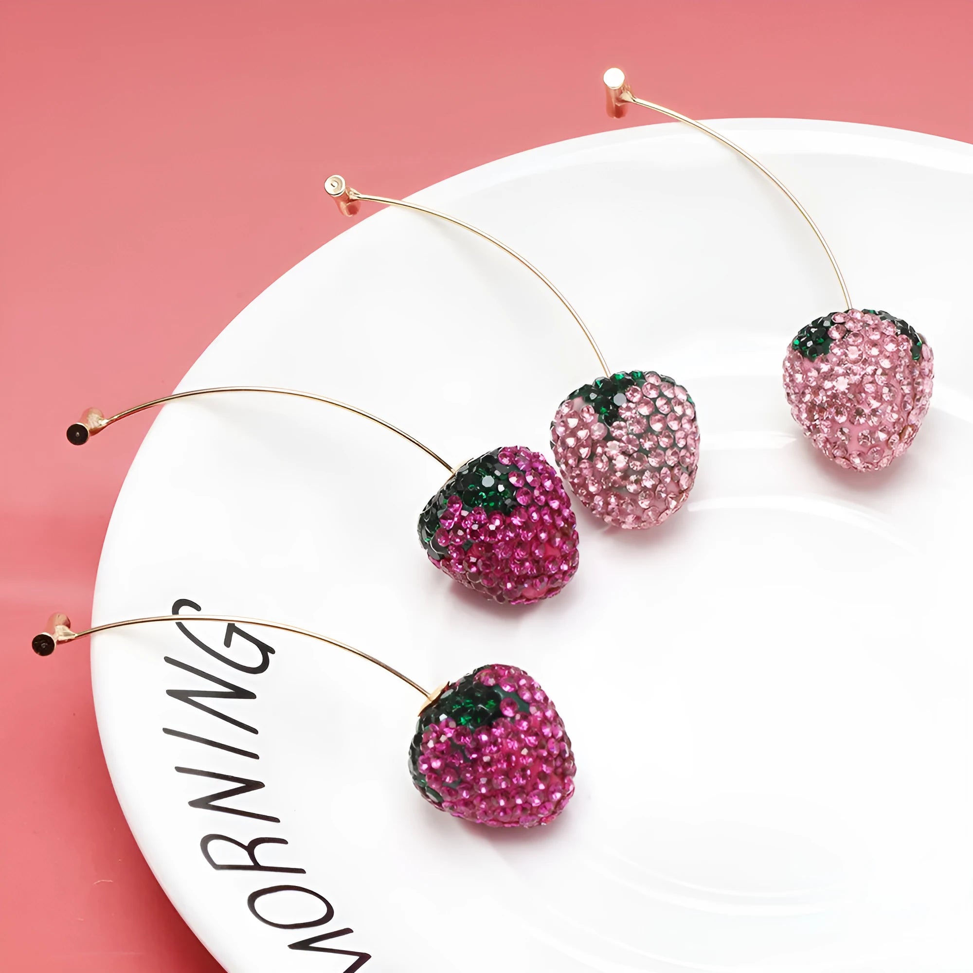 Red geometric strawberry-shaped alloy earrings with spot drill detailing for women