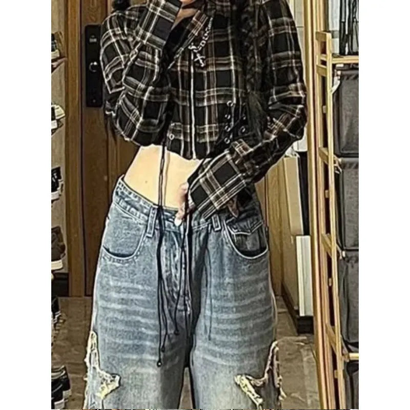 Women's blue high-waisted straight-leg denim jeans with micro-elastic fabric on hanger