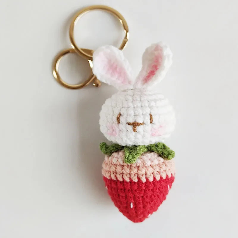 White hand-woven wire rabbit strawberry pendant charm with key ring