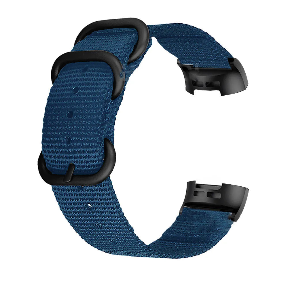 Nylon three-ring buckle replacement strap for Fitbit Charge 3 fitness tracker in multiple colours.