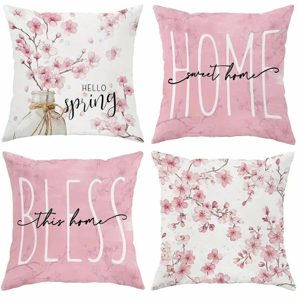 Short velvet cushion cover with cherry blossom and letter print in 45cm square size.