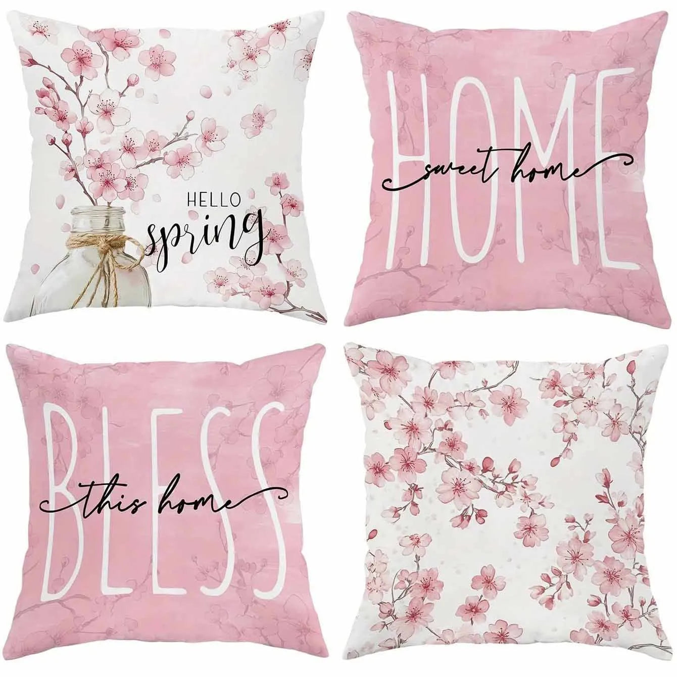 Short velvet cushion cover with cherry blossom and letter print in 45cm square size.