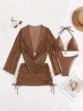 Dark brown lace-up backless women's bikini swimsuit set on a mannequin.