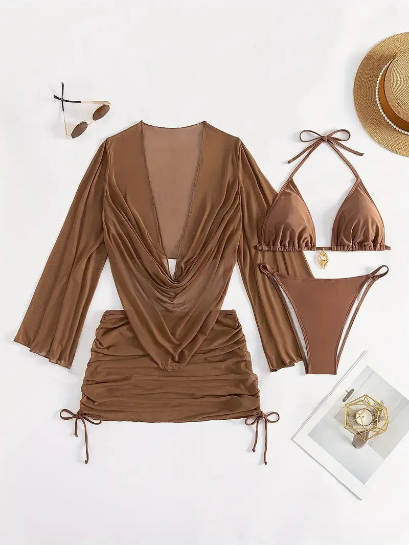 Dark brown lace-up backless women's bikini swimsuit set on a mannequin.