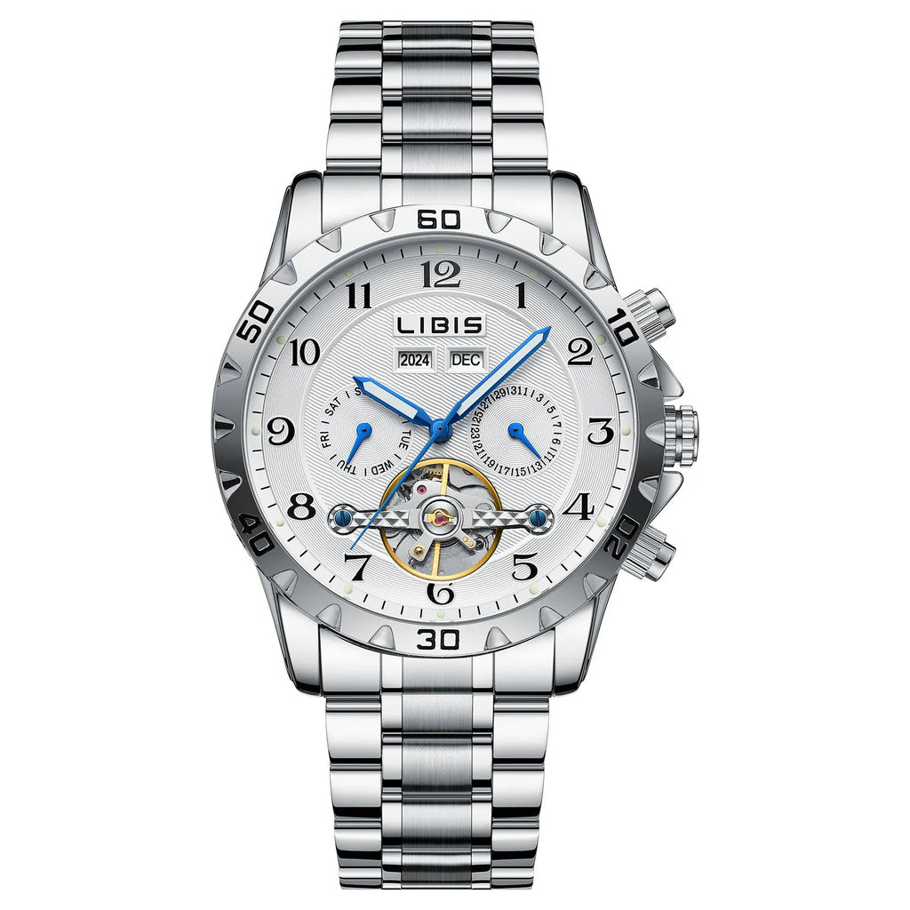 Men's silver automatic perpetual calendar mechanical watch with stainless steel belt and sapphire crystal