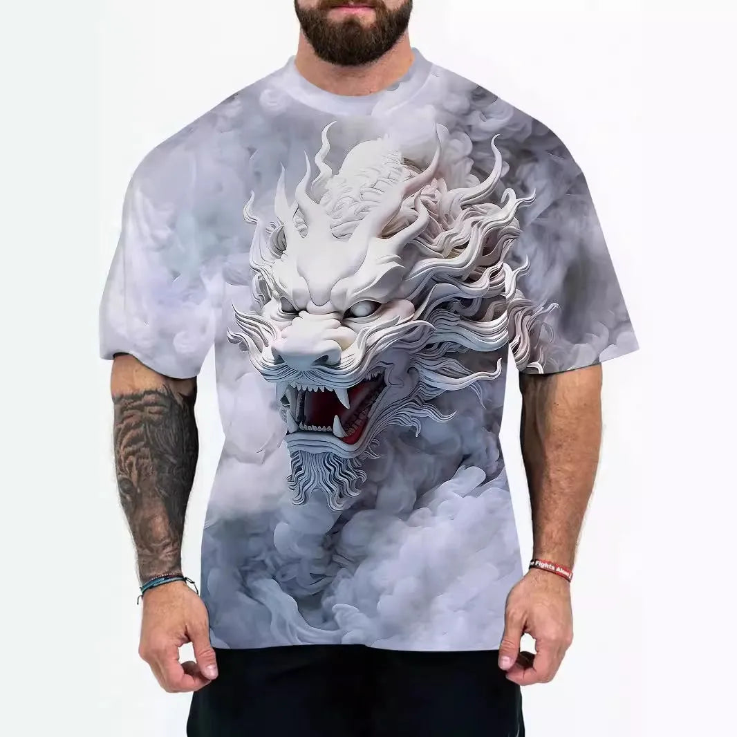 Man wearing a loose fit casual t-shirt featuring an eagle head graphic design on the front.