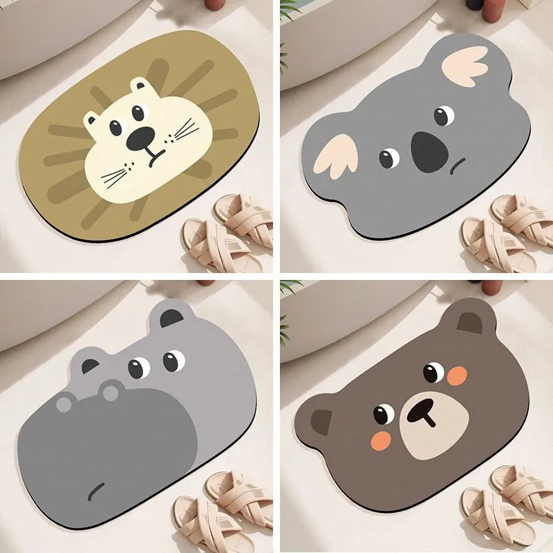 Cartoon animal diatomaceous earth absorbent non-slip bathroom mat in alien shape.
