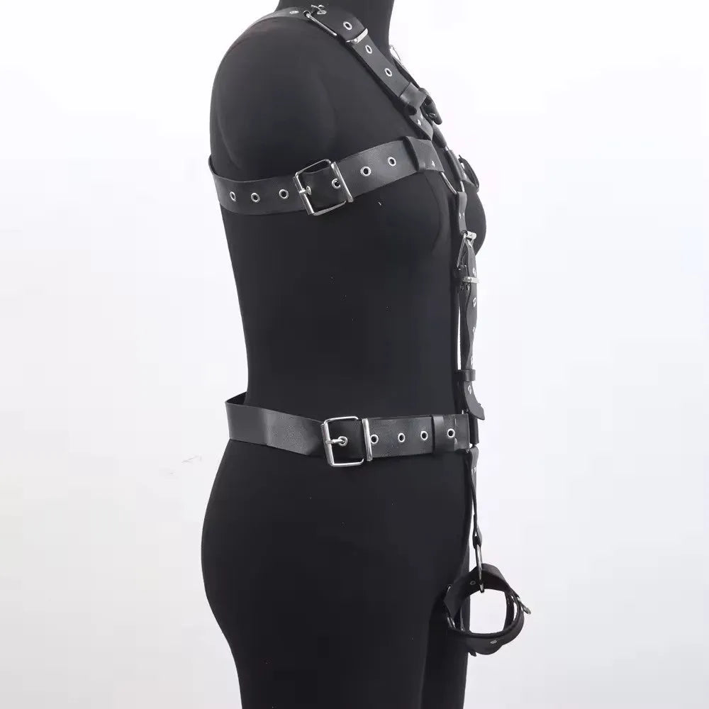Black imitation leather women's shapewear bondage suit with glossy patent leather finish and thin pin buckle.