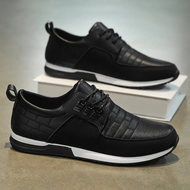 Men's spring casual leather shoes in blue with non-slip rubber sole and front lace-up closure